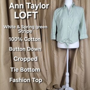 LOFT Green Stripe Button Down Top